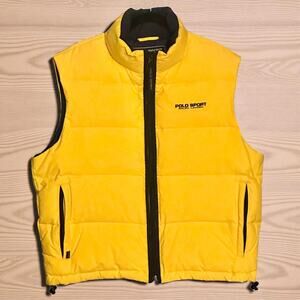 Ralph Lauren Polo Sport Down Vest Large Puffer Yellow & Navy Blue Zip Up Pockets
